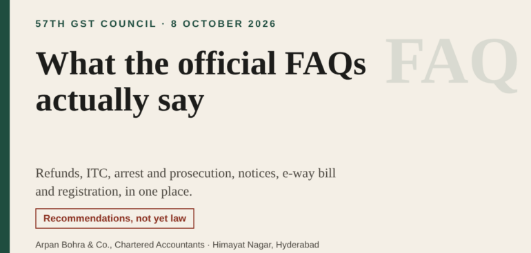 Editorial graphic titled What the official FAQs actually say, on the 57th GST Council meeting of 8 October 2026; recommendations, not yet law