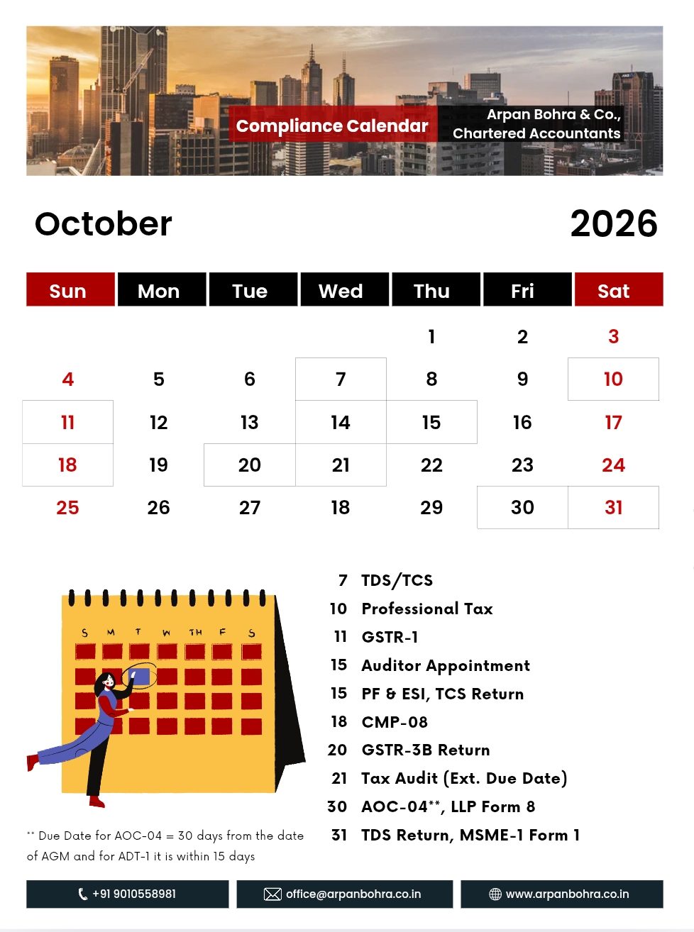 Compliance Calendar October 2026 – GST, TDS, Income Tax, ROC and LLP due dates by Arpan Bohra & Co, Chartered Accountants, Hyderabad