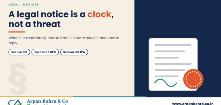 Legal notice graphic with a document and seal for Arpan Bohra & Co., Chartered Accountants