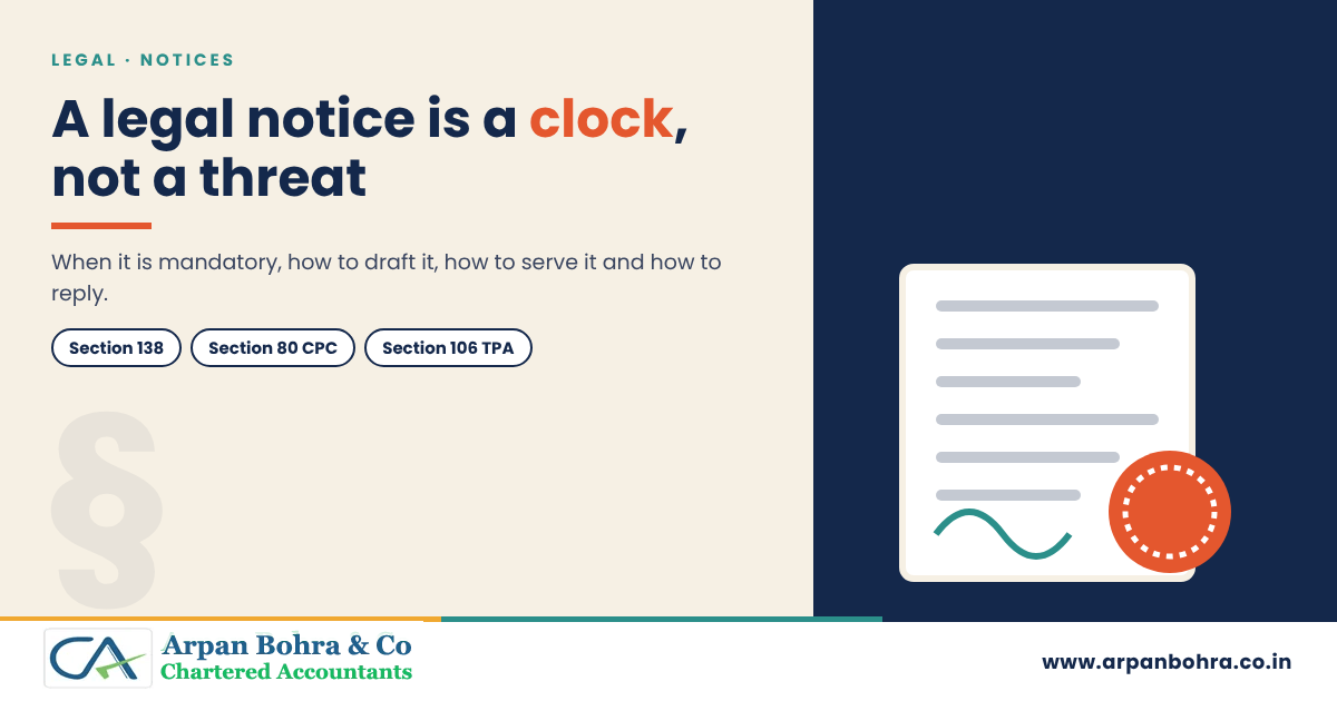 Legal notice graphic with a document and seal for Arpan Bohra & Co., Chartered Accountants