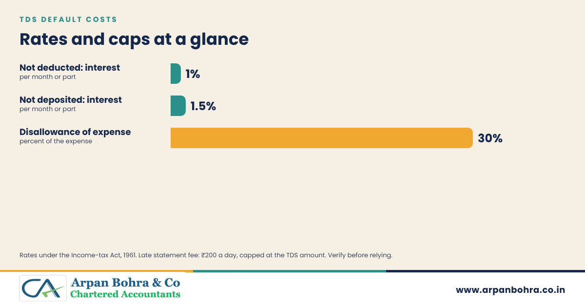 Bar graphic of TDS default consequences: interest of 1 and 1.5 percent a month and 30 percent disallowance