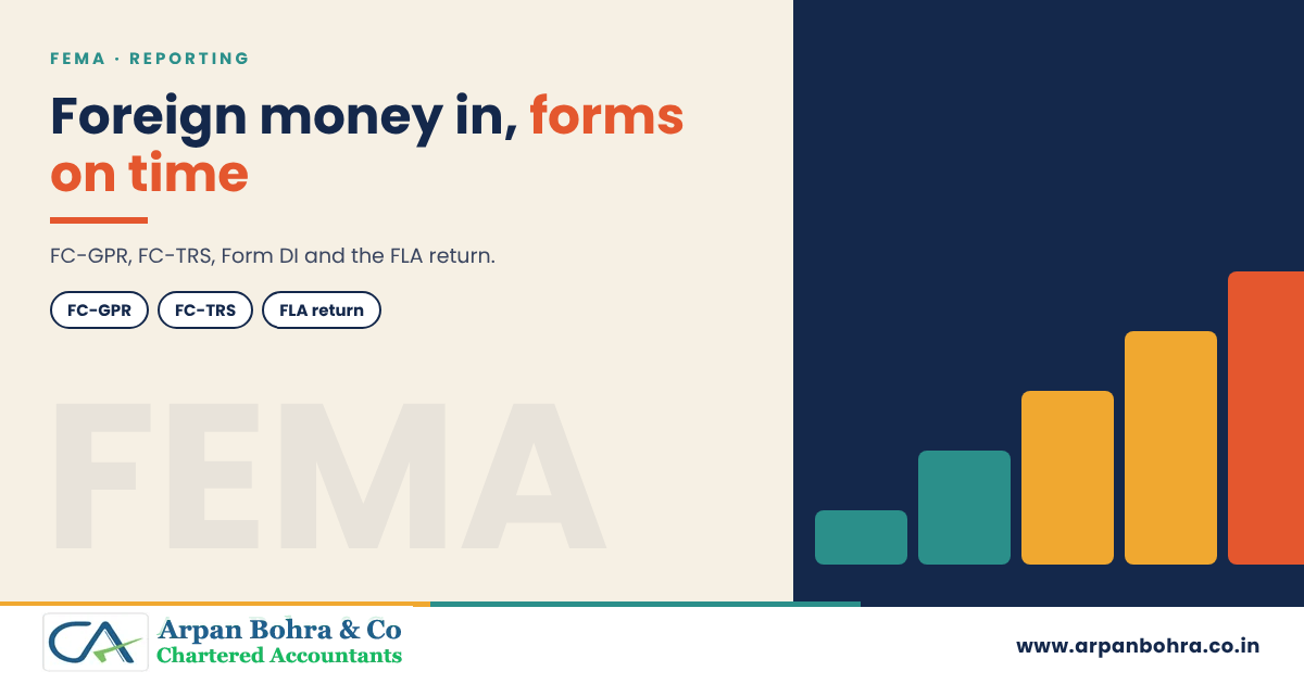 Steps graphic on FEMA reporting for Arpan Bohra & Co., Chartered Accountants