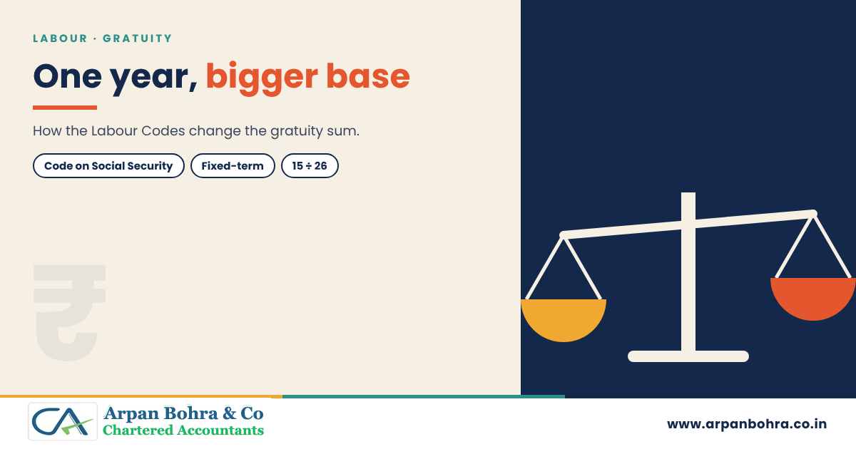 Graphic for Gratuity Under the Labour Codes: One Year for Fixed-Term and a Bigger Wage Base, Arpan Bohra & Co., Chartered Accountants