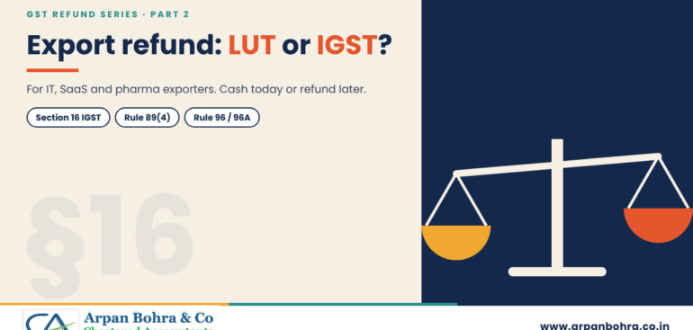 Balance-scale graphic titled Export refund: LUT or IGST, for Arpan Bohra & Co., Chartered Accountants