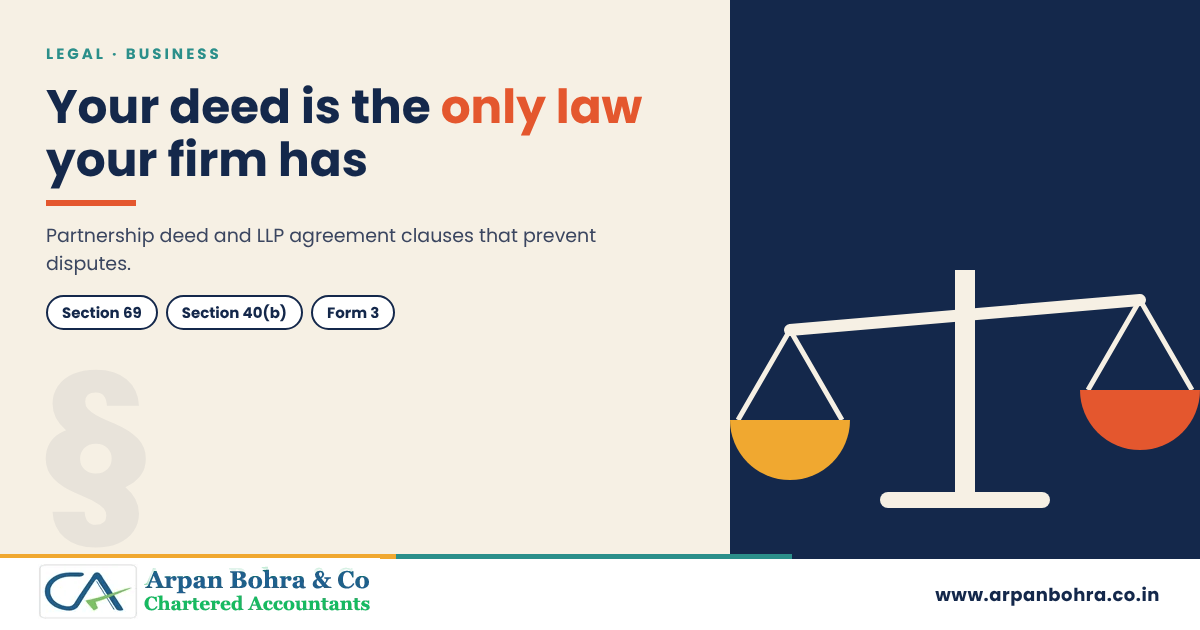 Balance scale graphic on partnership deeds for Arpan Bohra & Co., Chartered Accountants