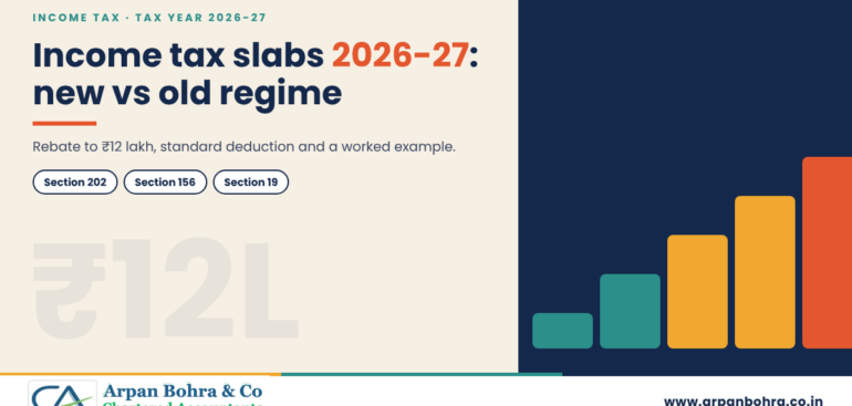 Staircase graphic titled Income tax slabs 2026-27: new vs old regime, for Arpan Bohra & Co., Chartered Accountants