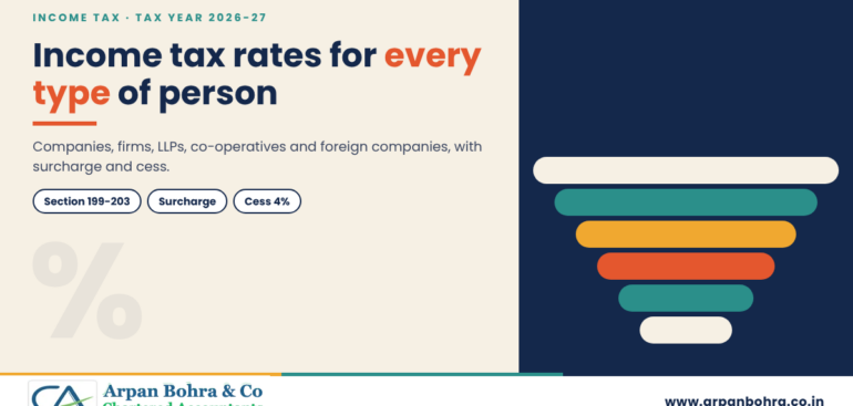 Tiered bar graphic titled Income tax rates for every type of person, tax year 2026-27, for Arpan Bohra & Co., Chartered Accountants
