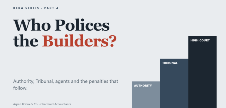 RERA Series Part 4 cover: Who Polices the Builders, a staircase of Authority, Tribunal and High Court