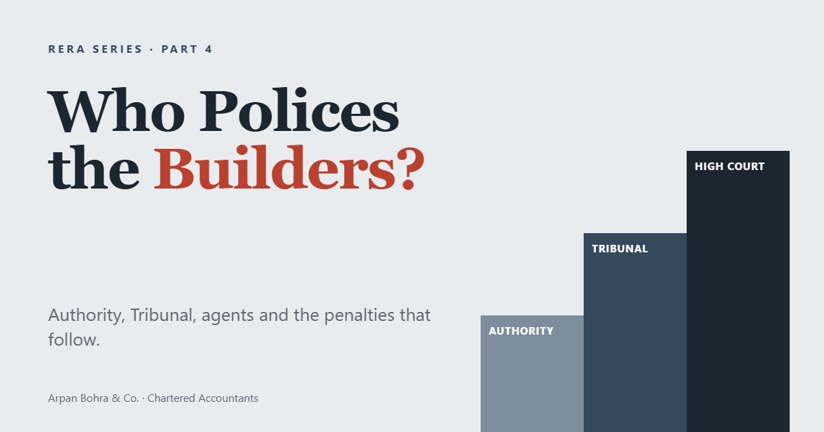 RERA Series Part 4 cover: Who Polices the Builders, a staircase of Authority, Tribunal and High Court